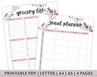 Weekly Meal Planner Printable with Grocery List Printable in Delicate Roses Design, Weekly Menu Planner, Health Planner, Fitness Planner