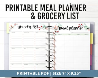 Weekly Meal Planner Printable with Grocery List Printable, Planner Inserts 7x9.25 inch, Weekly Menu Planner, Fitness Planner, Health Planner
