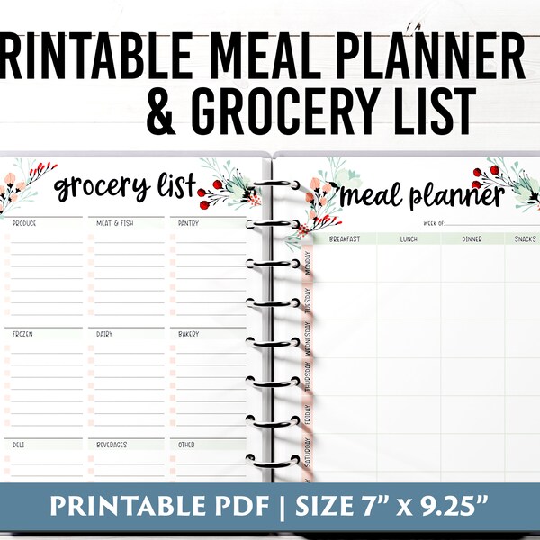 Weekly Meal Planner Printable with Grocery List Printable, Planner Inserts 7x9.25 inch, Weekly Menu Planner, Fitness Planner, Health Planner