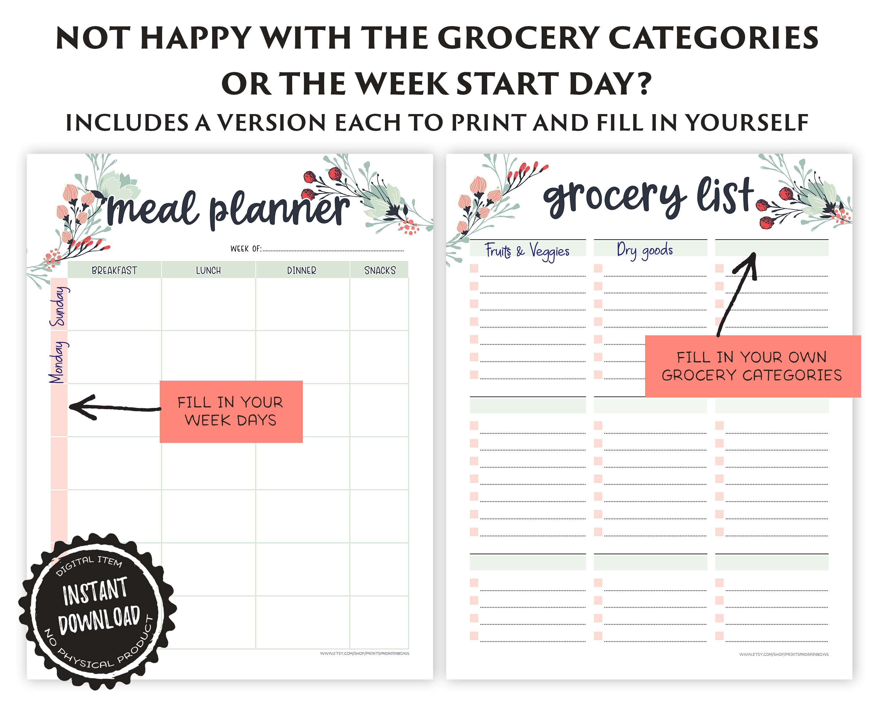 Weekly Meal Planner Printable With Grocery List Printable, Weekly Menu ...