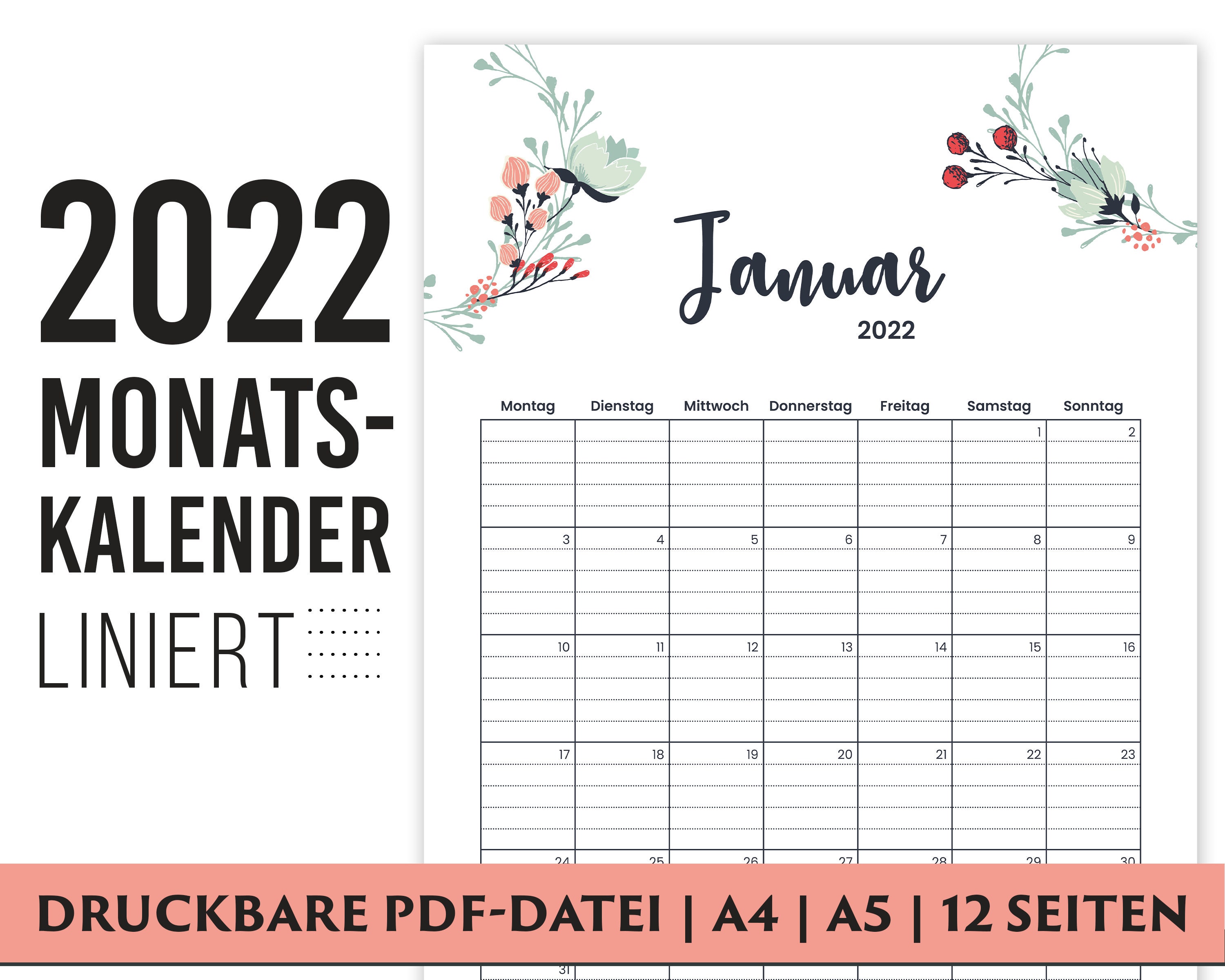 2022 printable monthly calendar in german lined for use as etsy australia