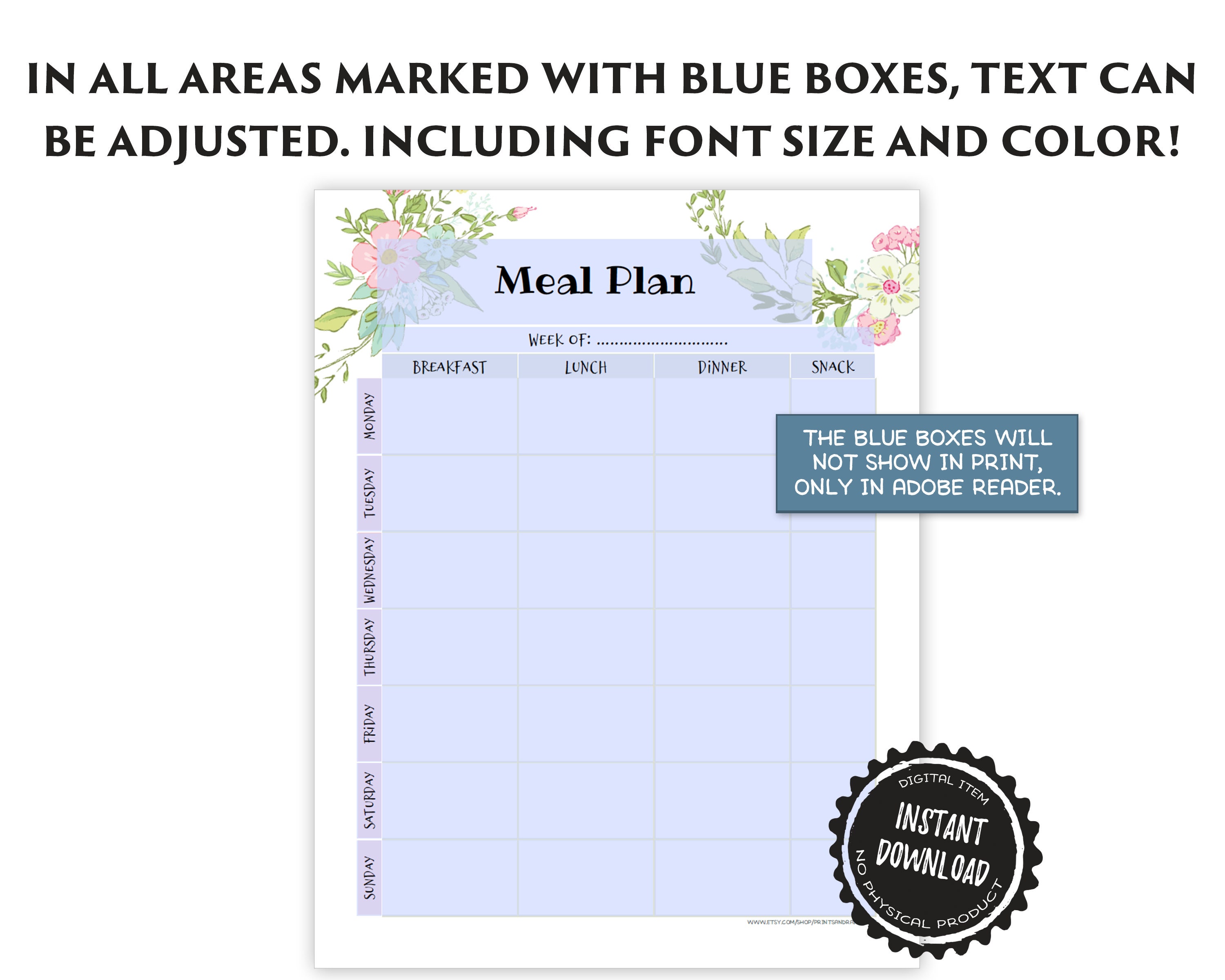 Weekly Meal Planner Printable for Menu Planning PDF Template | Etsy