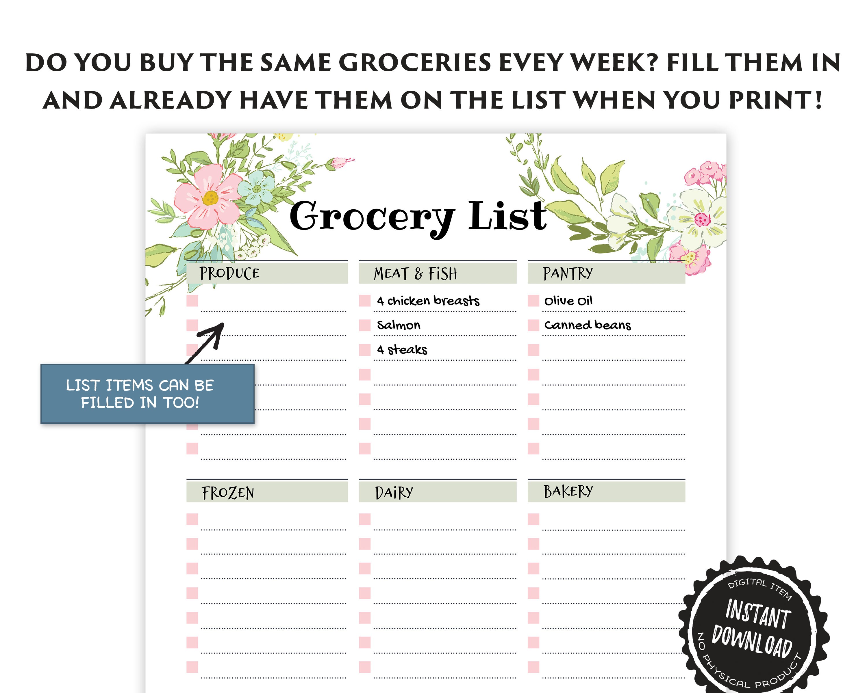 Editable Grocery List Printable for Grocery Shopping, PDF Template With ...