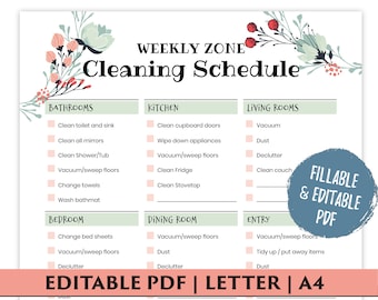 Weekly Cleaning Checklist, Editable Cleaning Checklist, Zone Cleaning, Cleaning Planner, Cleaning Printable for Home Binder, Editable PDF