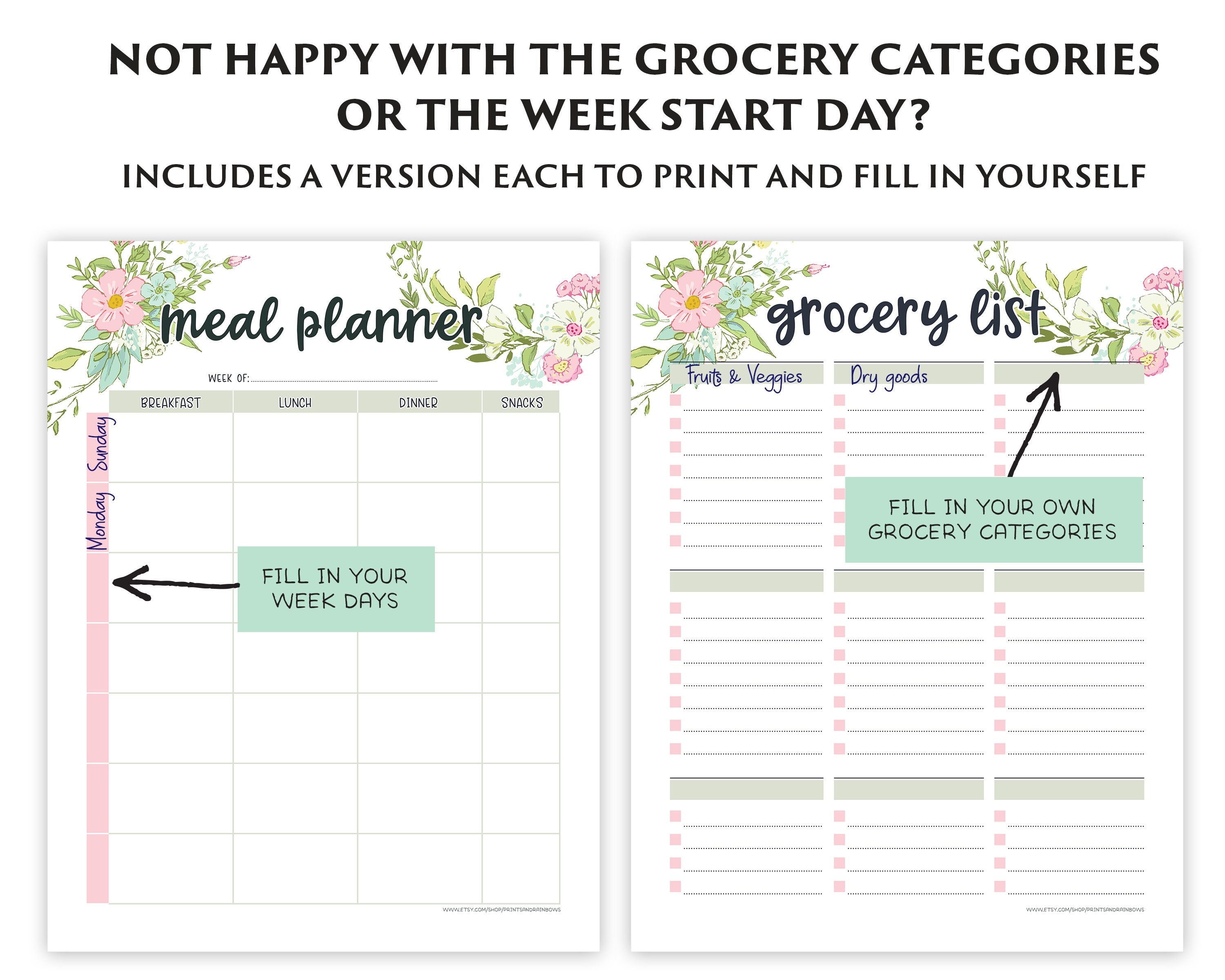 weekly meal planner printable with grocery list printable etsy