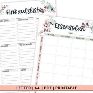 May include: Printable grocery list and meal planner with floral accents. The grocery list includes sections for fruits and vegetables, meat and fish, dairy, baked goods, frozen foods, beverages, and pantry items. The meal planner has columns for breakfast, lunch, dinner, and snacks.