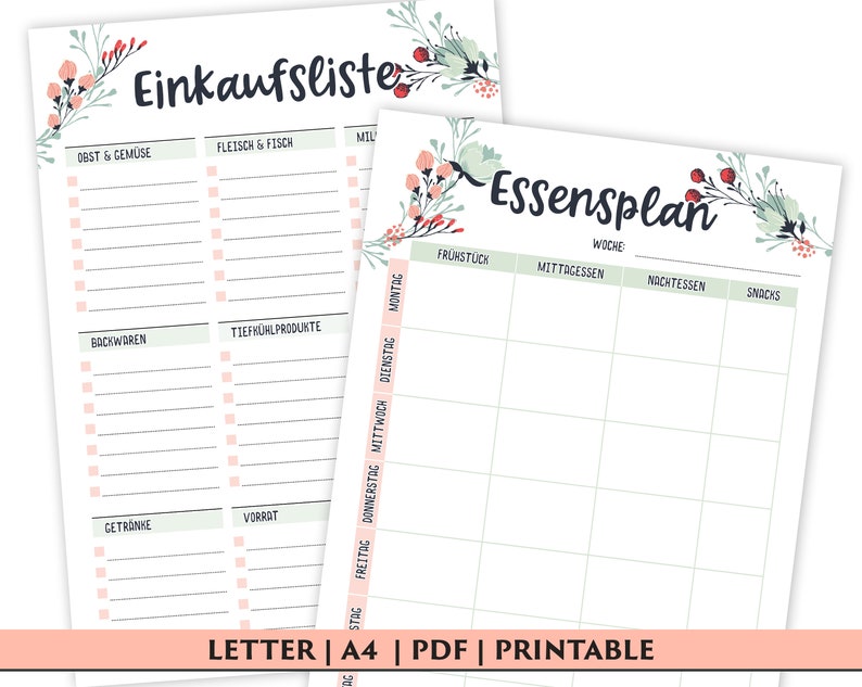May include: Printable grocery list and meal planner with floral accents. The grocery list includes sections for fruits and vegetables, meat and fish, dairy, baked goods, frozen foods, beverages, and pantry items. The meal planner has columns for breakfast, lunch, dinner, and snacks.