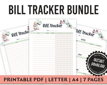 Monthly Bill Tracker, Yearly Bill Tracker, Finance Planner, Printable PDF, Instant Download