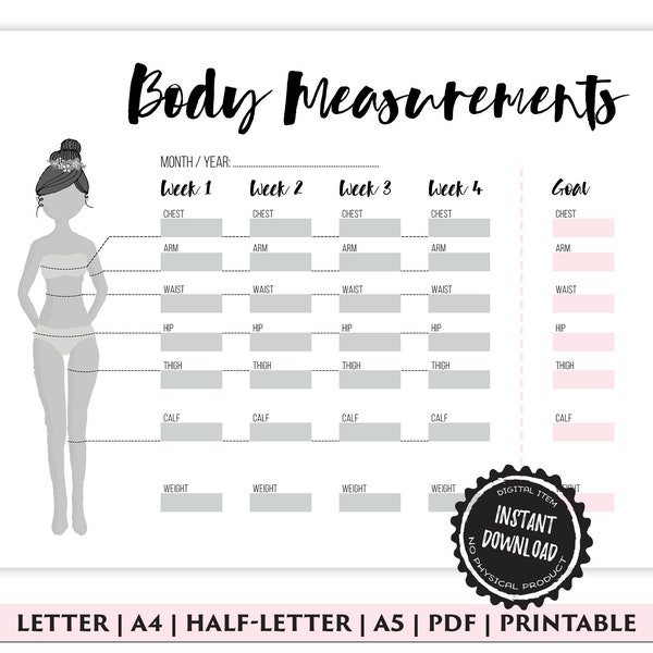 Body Measurement Tracker, Weight Loss Tracker Printable, Weight Loss Planner, Diet Planner, PDF, A4, A5, Letter, Half Letter