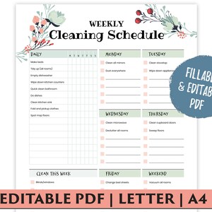 Weekly Cleaning Checklist, Editable Cleaning Checklist, Cleaning Tracker, Cleaning Planner, Cleaning Printable for Home Binder, Editable PDF