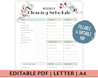 Weekly Cleaning Checklist, Editable Cleaning Checklist, Cleaning Tracker, Cleaning Planner, Cleaning Printable for Home Binder, Editable PDF