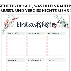 May include: A printable grocery list with a floral design. The list is divided into categories: Fruit & Vegetables, Meat & Fish, Dairy, Baked Goods, Frozen Foods, and Other.