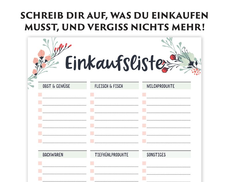 May include: A printable grocery list with a floral design. The list is divided into categories: Fruit & Vegetables, Meat & Fish, Dairy, Baked Goods, Frozen Foods, and Other.