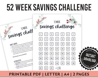 Savings Tracker for 52 week saving challenge, Money Saving Challenge Printable PDF, Digital Download