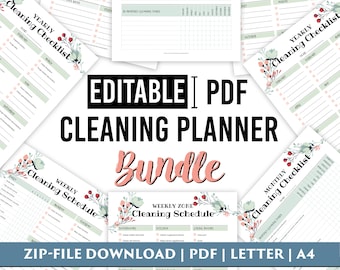 Op de afbeelding: Een bewerkbaar PDF-schoonmaakplannerpakket met diverse checklists en schema's. De documenten bevatten bloemillustraties in rood en groen, met tekstkoppen zoals Yearly Cleaning Checklist, Weekly Cleaning Schedule en Weekly Zone Cleaning Schedule.