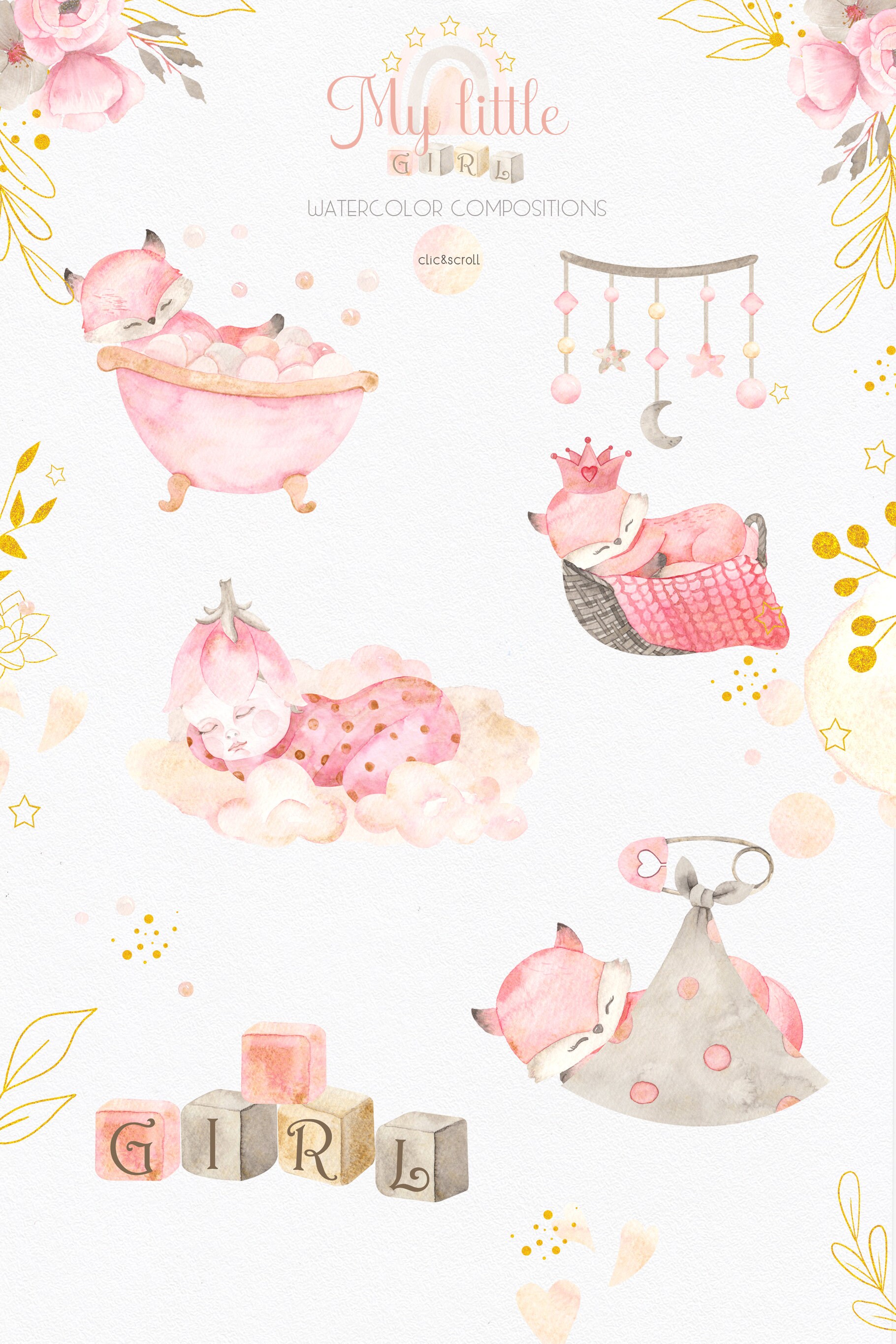 Watercolor newborn girl clip art. Little baby girl Etsy