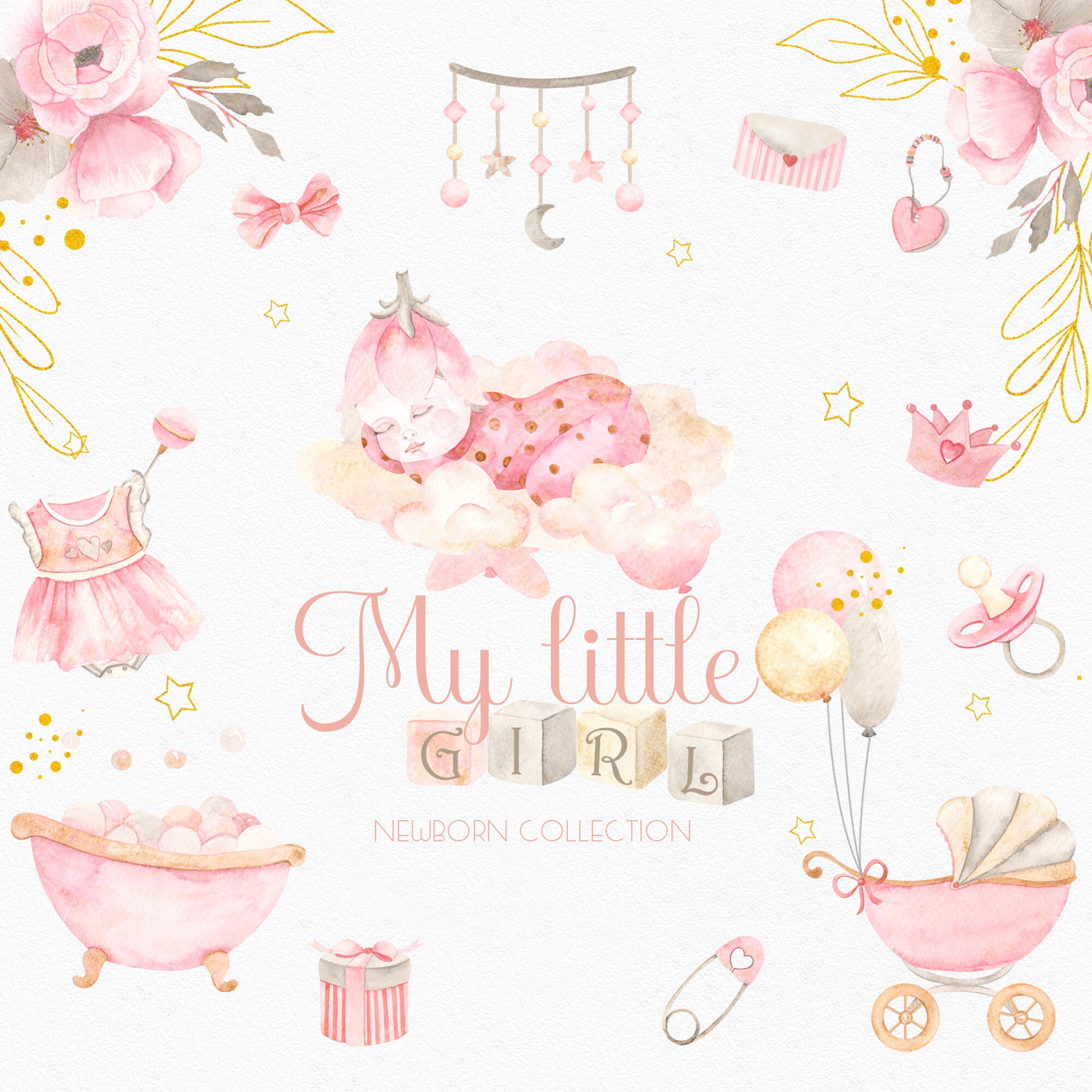 Watercolor newborn girl clip art. Little baby girl Etsy