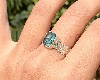 Blue tourmaline silver ring, Indicolite tourmaline 925 silver, Columbian emerald, Nature inspired ring, Leaf ring, Women ring with leaves