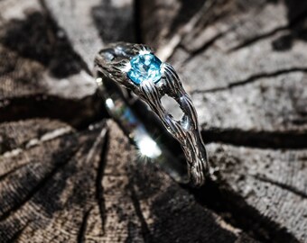 Blue Topaz Branch Ring, Recycled Sterling Silver Nature Engagement Ring