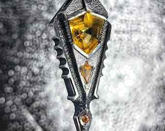 Gothic Fantasy Citrine & Sapphire Pendant – Medieval Sterling Silver Necklace – Hand-Crafted Unisex Statement Jewelry