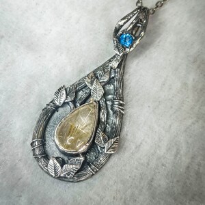 Quartz Silver Branch Necklace, Blue topaz pendant, Nature inspired pendant, Silver 925 jewelry, Rutilated quartz necklace, Twig Necklace