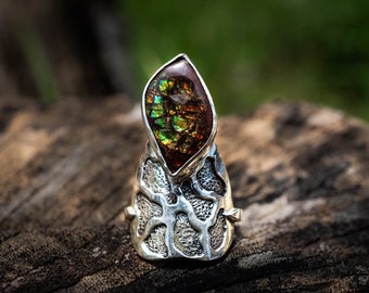Kanada Ammolit Sterling Silber Ring, Fossil Ammonit Schmuck