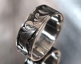 Hand-Engraved Sterling Silver Ornemental Ring – Wedding band, Mens Minimalist ring, Boyfriend Gift, Engagement Ring, Engraved silver ring