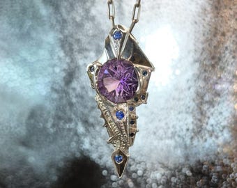 Amethyst Sapphire Pendant – Sterling Silver Sci-Fi Amulet