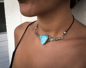 Larimar und Aquamarin Draht gewickelt Choker Halskette, Blau Larimar Halskette Choker Kragen Anhänger, Wire wrap Schmuck, Bib Halskette