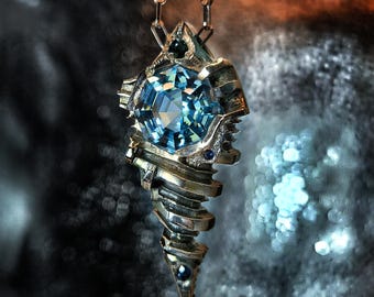 Brutalist Swiss Blue Topaz Pendant – 925 Silver Sci-Fi Necklace