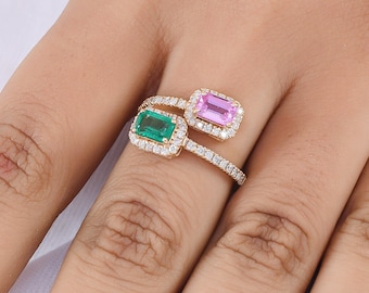 Emerald and pink sapphire two stone spiral ring gold | Natural emerald and sapphire ring gold | Emerald and pink sapphire emerald cut ring