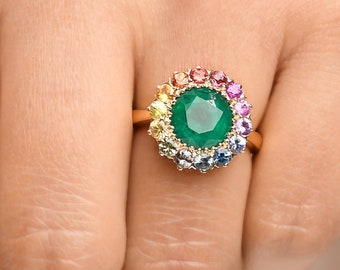 Antique emerald ring gold, Natural round emerald ring, Rainbow sapphire ring gold, Emerald rainbow ring gold, 3CT emerald cluster ring women