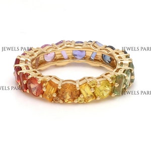 Rainbow sapphire eternity band ring gold | Natural 5CT 4MM wide rainbow sapphire round baguette cut ring gold | Rainbow sapphire ring gold