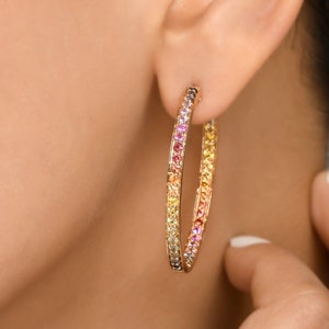 Rainbow sapphire hoops earrings in 14k 18k gold, Natural multi sapphire rainbow ombre hoops, Rainbow hoops earrings gold, Ready to ship gift