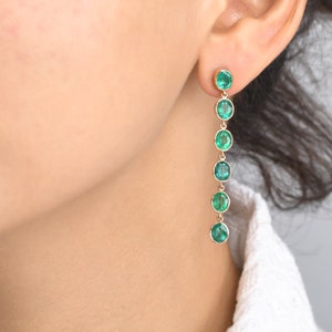 Real emerald oval shape bezel set link earrings gold | Natural 8CTW oval emerald dangling earrings gold | Emerald cut emerald earrings gold
