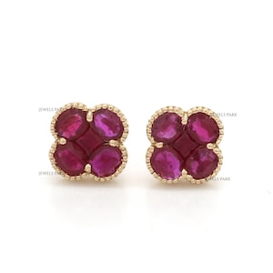 Pendientes vintage de rubí van cleef en oro / Pendientes vintage de rubí de talla ovalada natural en oro / Pendientes vintage de rubí con forma de flor en oro