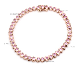 Pink sapphire round cut heart shape tennis bracelet gold | Natural pink sapphire heart shape bracelet gold | Pink sapphire heart bracelet