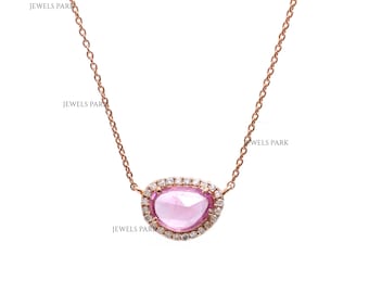 Ciondolo in oro con diamante taglio rosa e zaffiro rosa / Collana con ciondolo in oro con diamante taglio rosa e zaffiro naturale / Ciondolo in oro con zaffiro rosa