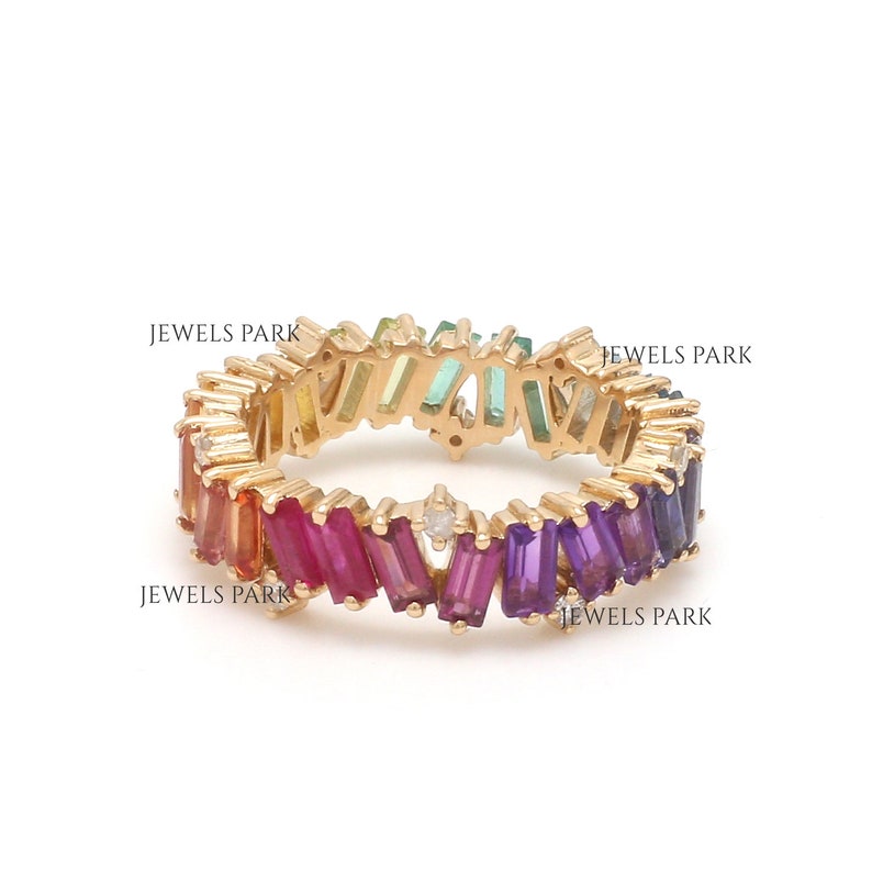 Rainbow gemstone sapphire eternity band ring gold Natural rainbow diamond zig zag ring Rainbow gemstone and diamond ring gold image 5