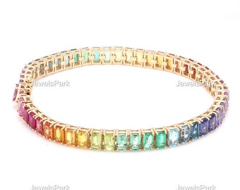 Rainbow sapphire emerald ruby tennis bracelet gold | Natural emerald cut rainbow gemstone bracelet | Rainbow ombre tennis bracelet gold gift