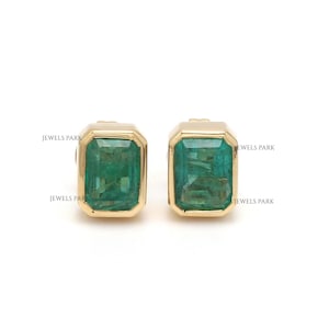 Emerald bezel set mini studs earrings gold | Natural emerald cut emerald stud earring gold | Emerald mini earrings gold stud | Emerald studs
