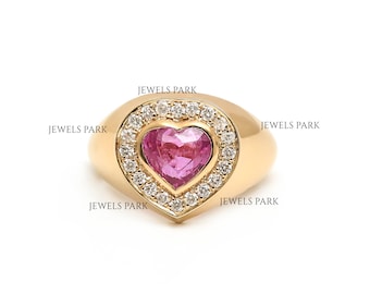 Pink sapphire heart diamond bezel set big gypsy ring gold | Natural pink sapphire flush set pinky ring gold | Pink sapphire signet ring gold