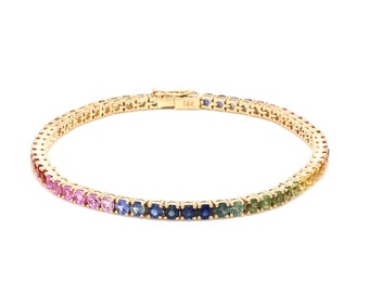 Rainbow sapphire round tennis bracelet in 14k 18k gold | Natural 2.5mm 7-8ct multi sapphire stackable rainbow tennis bracelet chain gold