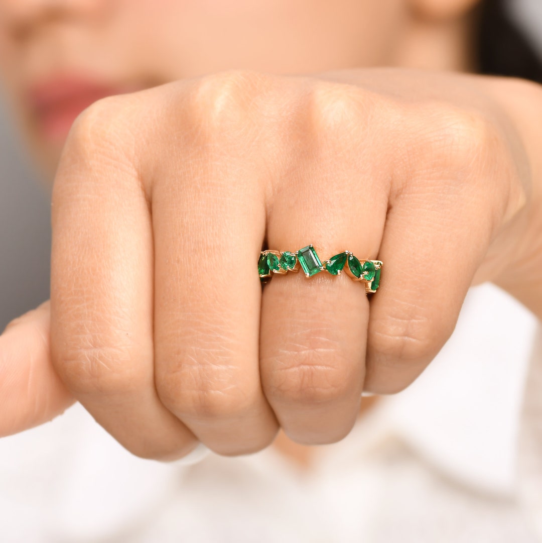 Natural Emerald Eternity Band Ring in 14k 18k Gold, Emerald Cut Mix ...