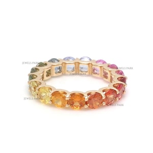 Rainbow sapphire ring eternity band 14k solid gold | Natural 5CT rainbow sapphire round prong ring gold | Rainbow sapphire ring jewelspark