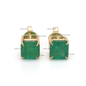 Real emerald prong set big asscher cut studs earring gold | Natural emerald cut emerald studs gold | Emerald stud earring gold ready to ship