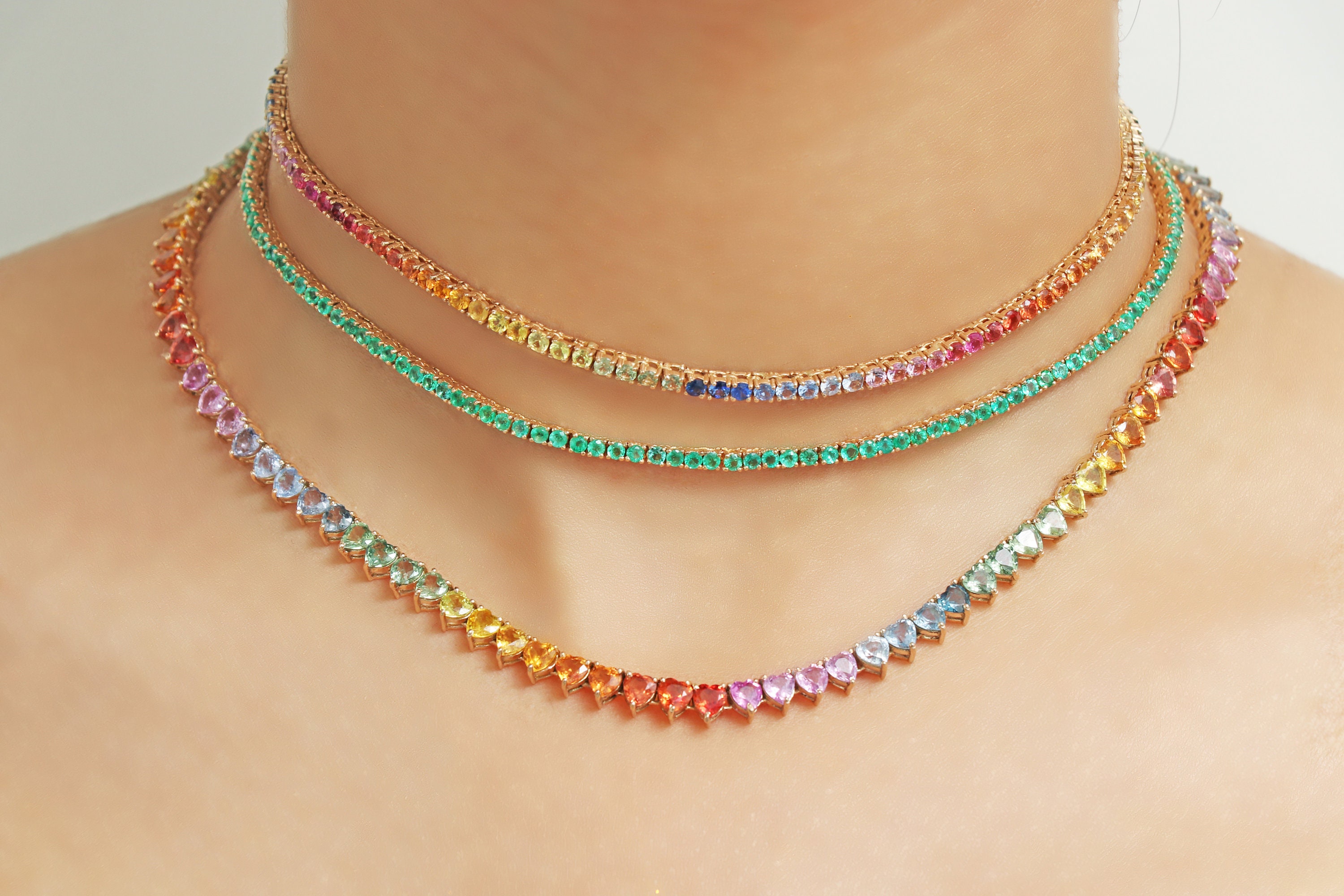 Rainbow Sapphire Tennis Necklace Choker 