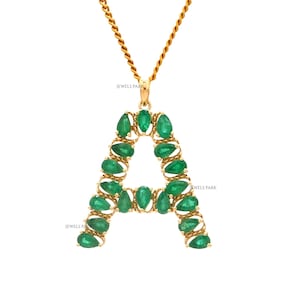Emerald pear Initial pendant A gold  | Natural Pear emerald letter big pendant necklace gold | Personalized initial gemstone gold jewelry