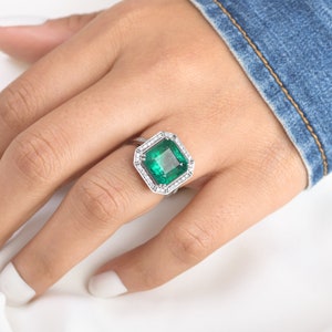 Big emerald cut emerald and pave diamond ring gold Natural 10ct asscher emerald cut ring gold Big huge emerald cut solitaire ring gold image 2