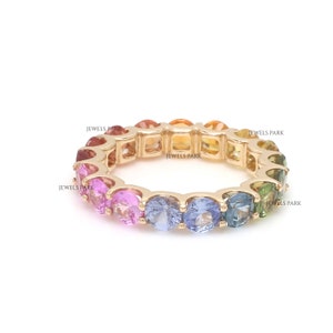 Rainbow sapphire round eternity band ring gold | Natural rainbow sapphire U prong band ring gold | Multi sapphire round cut ring gold